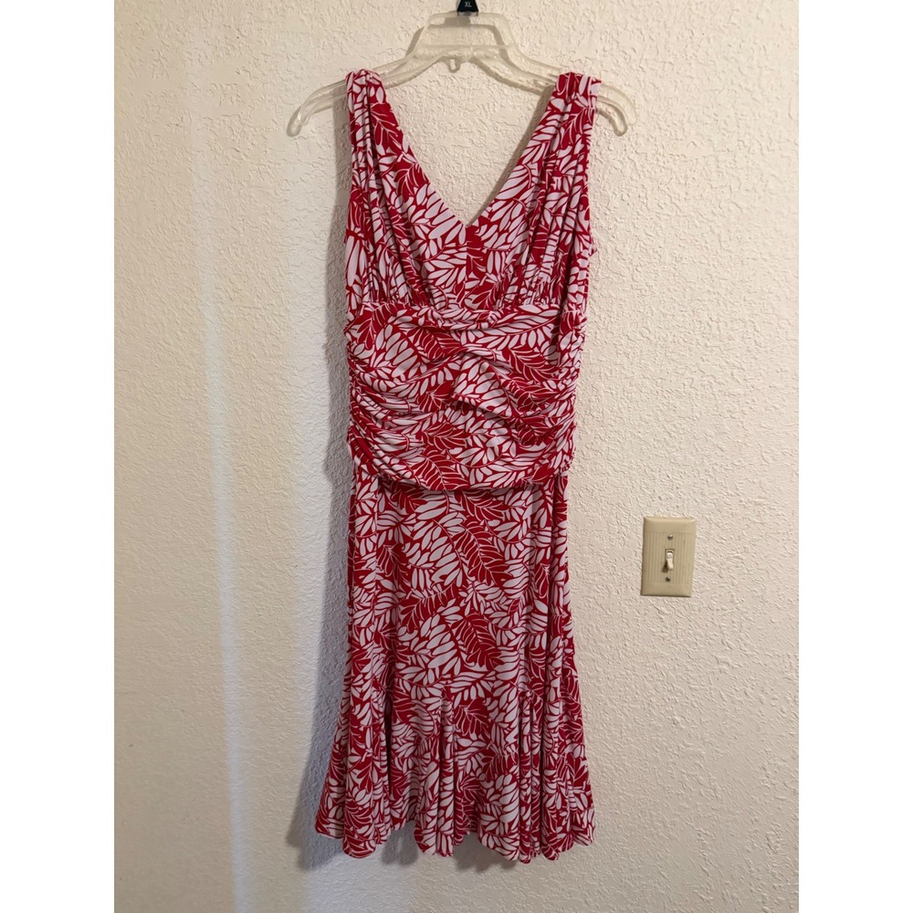 Linea Domani Red White Tropical Leaf Ruched V-Neck‎ Midi Dress Size 8 Canada